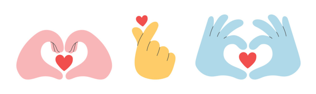 Set of hands showing heart shape, making love sign. Love, care and empathy concept. 