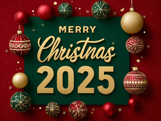 Grafika z napisem "MERRY Christmas 2025" na zielonej ramce, otoczona czerwonymi i zielono-złotymi bombkami na bordowym tle.