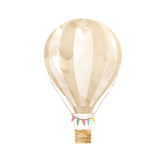 Soft watercolor illustration depicts a vintage hot air balloon featuring beige and white stripes, a wicker basket, and pastel pennant flags.