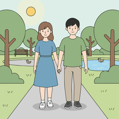 Simple Handdrawn Couple Walking Holding Hands at The Park Illustration