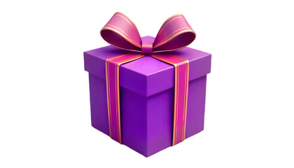"Purple gift box with ribbon bow, isolated on a transparent background."