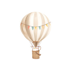 Soft watercolor illustration depicts a vintage hot air balloon featuring beige and white stripes, a wicker basket, and pastel pennant flags.
