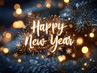 Podświetlany napis "Happy New Year" z elementami zimnych ogni i płatków śniegu, na tle gałązek choinki i ciepłego, złotego bokeh. Sylwester, życzenia. © Silent26