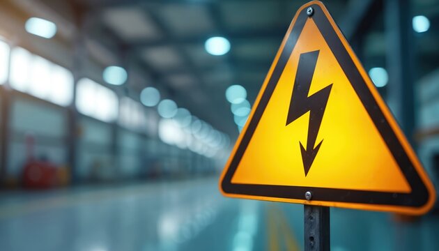 High voltage warning sign with electric bolt symbol alert. Safety caution in industrial factory workplace environment. Electrical hazard danger symbol.