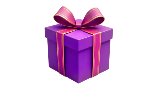 "Purple gift box with ribbon bow, isolated on a transparent background."