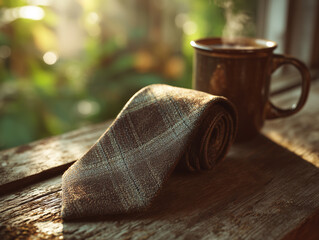 Skupienie na zrolowanym, wełnianym krawacie w kratę, leżącym na starej, drewnianej powierzchni obok parującego, brązowego kubka. Poranek, ciepłe światło.