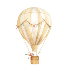 Soft watercolor illustration depicts a vintage hot air balloon featuring beige and white stripes, a wicker basket, and pastel pennant flags.