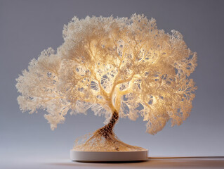 Intricate illuminated sculptural tree with delicate branching patterns glowing warmly on a minimalist round base against a soft neutral gray background