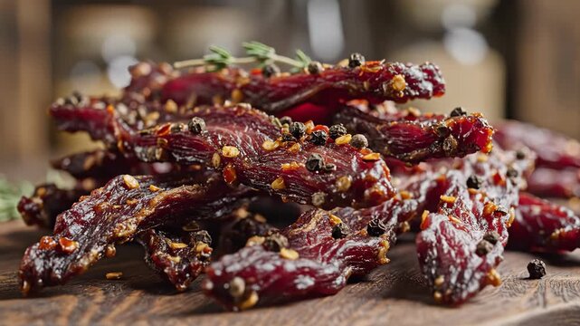 Savory Dried Meat Snack with Spices on Wooden Board Close-Up