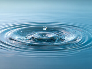 A serene water droplet creating ripples and concentric circles on the smooth blue surface in a calm, tranquil natural setting