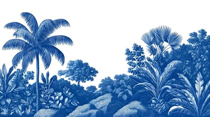 Stylized landscape featuring silhouetted palm trees and lush, botanical foliage in a tranquil, minimalist blue tone.