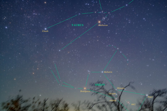 Constellation guide (How to find), Orion, Taurus and brightest stars (Betelgeuse, Rigel, Bellatrix, Aldebaran) (Winter season)