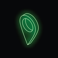 Green neon location pin is glowing on black background