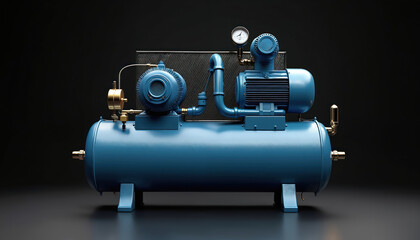 Blue air compressor on black background. Industrial compressor equipment used in factories, workshops. Generates power through compressed air. Metal components, pipes, pressure gauge seen in close up.