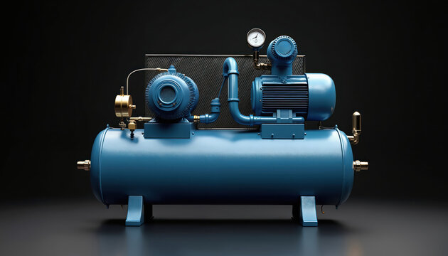 Blue air compressor on black background. Industrial compressor equipment used in factories, workshops. Generates power through compressed air. Metal components, pipes, pressure gauge seen in close up.