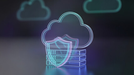 holographic cloud with stacked racks and front shield illustrating secure cloud hosting resilience and protected data services