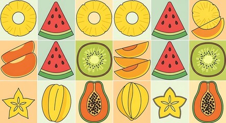 Colorful Assortment of Tropical Fruit Slices and Whole Fruits on a Patterned Background.