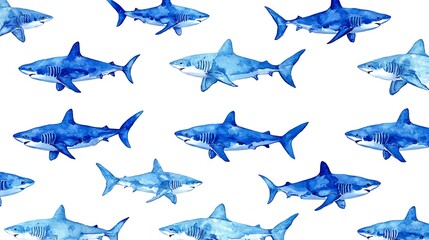 Shark pattern with blue sharks isolated on white background