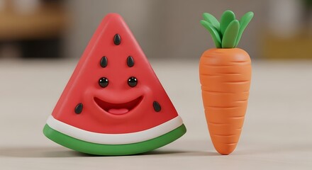 Cute Cartoon Watermelon Slice and Carrot Characters with Happy Faces.