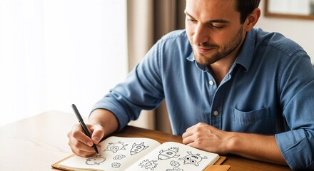 Realistic close-up of man doodling random sketches in notebook instead of taking notes, relaxed atmosphere, man procrastinator