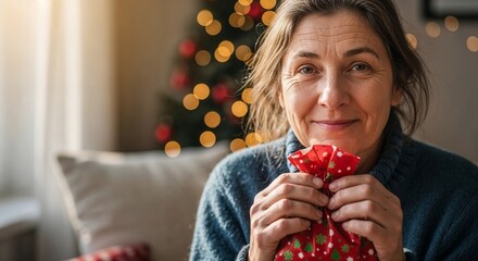 Close-up of homeless woman holding Christmas gift in shelter, charity during Christmas and New Year