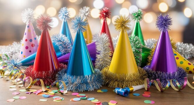 Colorful party hats arranged on a table with confetti and festive decor. Colorful party hats with metallic shine arranged on table, confetti and streamers around, bright festive lighting and soft bok - Powered by Adobe