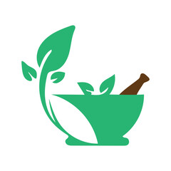 Herbal Mortar and Leaves vector icon for Natural Medicine and Wellness