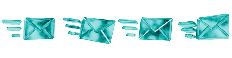 Set of four 3D sent mail shapes in frosted blue ice glass style, isolated on a transparent background. Glassmorphism icons and 3D elements for modern graphic design.