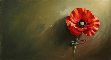 Poppy pin representing Anzac Day, oil painting with copy space on left, Remembrance Day, Poppy Day