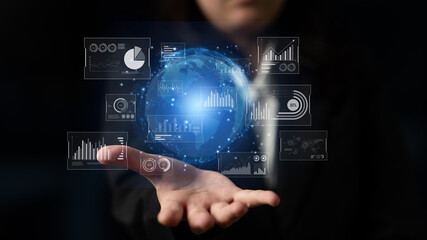 Fototapeta premium Real-time global data analytics dashboard visualizing insights from interconnected systems for decision-making, business analytics, and digital transformation Latch