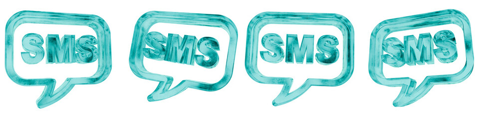Set of four 3D sms shapes in frosted blue ice glass style, isolated on a transparent background. Glassmorphism icons and 3D elements for modern graphic design.