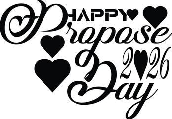 Happy propose day 2026 text with hearts isolated on white background art