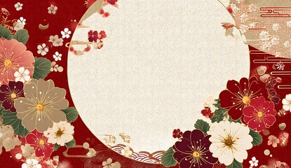 A circular frame filled with vibrant japanese flowers and foliage against a rich red background, offering a space for text or design elements