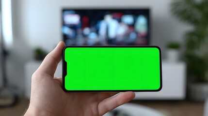 Close-up of a person's hand holding a modern smartphone with a bright green display screen, against the background of a television or computer monitor in an office or workspace setting.