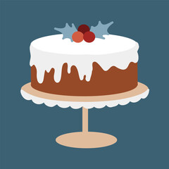 Christmas pudding with holly berries. A traditional holiday dish. Vector flat illustration of a Christmas cake isolated on a dark background