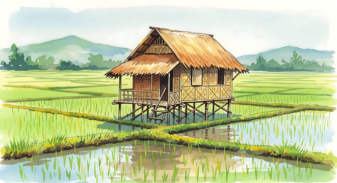 Traditional Nipa Hut Stilt House in Lush Green Rice Paddy Fields, Watercolor Illustration