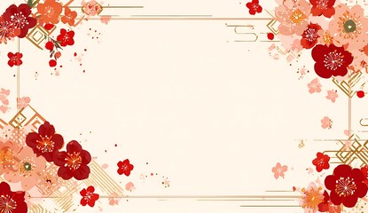 Decorative frame with red and pink flowers and golden geometric elements on a light background
