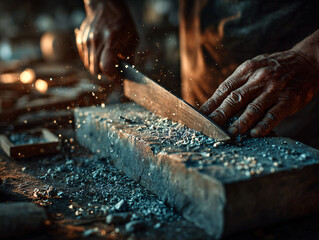 close-up of a person carefully sharpening a knife on a whetstone, hands steady and focused, fine metal shavings visible, emphasis on precision and craftsmanship