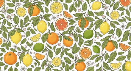 Citrus Fruit Pattern - Vibrant Lemons, Oranges, and Limes with Foliage.
