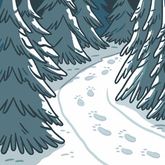 Snowy forest path with animal tracks and trees