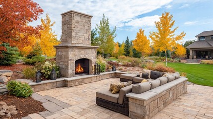 Cozy autumn patio with stone fireplace and comfortable sofa surrounded by colorful fall trees