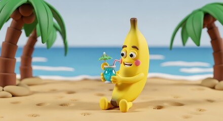 Obraz premium Animated Banana Character Enjoying a Tropical Drink on a Beach.