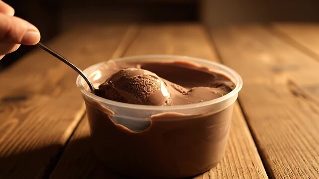 A bowl of chocolate ice cream sits on a wooden table. A spoon is in the bowl. The bowl is half full