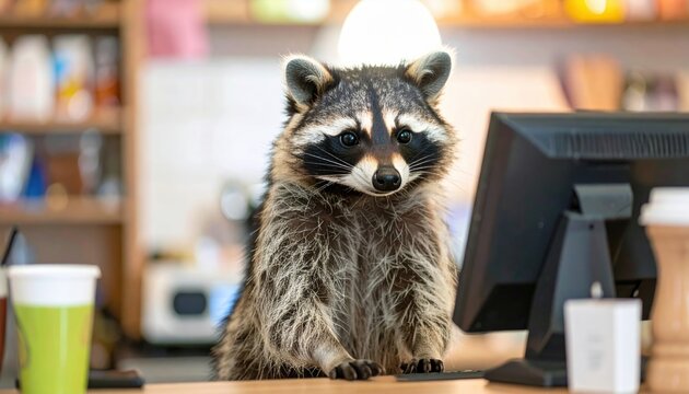 Charming Raccoon Cashier Taking Orders at the Counter in a Cozy Studio Setting with High Fidelity Lighting
