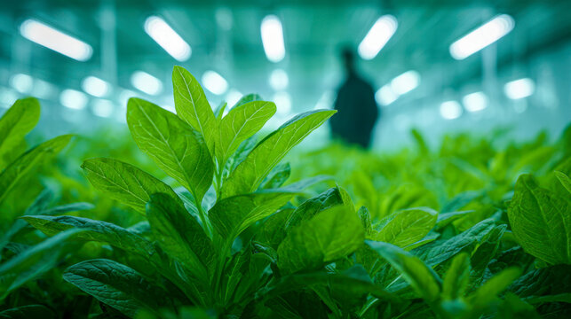 Green leafy plants growing inside a modern indoor farm with artificial lighting and a blurred figure in the background monitoring growth conditions