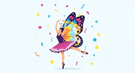 A whimsical ballet dancer with butterfly wings, surrounded by confetti and stars on a light blue background