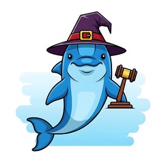 A whimsical cartoon depicting a smiling dolphin wearing a wizard's hat and holding a gavel, set against a light-blue, cloudy backdrop