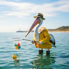 A whimsical bird, dressed in rain gear, fishes for colorful eggs in the ocean. The sunny scene has a blurred background with a distant lighthouse