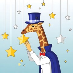 A whimsical cartoon features a giraffe dressed as a magician, holding a star, surrounded by hanging stars