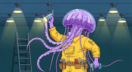 A whimsical cartoon features a purple jellyfish character, dressed in overalls, holding a flashlight in a dimly lit space